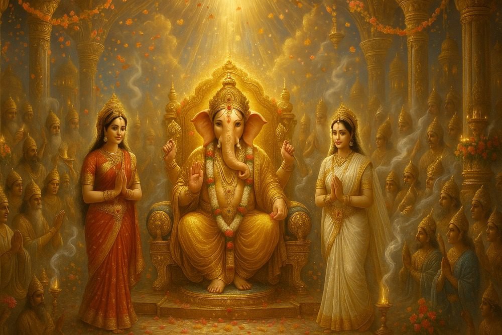 Lord Ganesha seated on a golden throne with divine radiance, flanked by goddesses Riddhi and Siddhi,