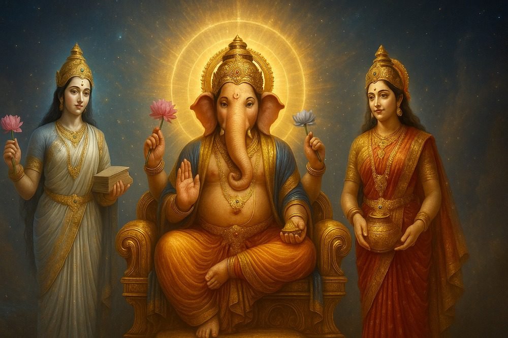 Lord Ganesha seated on a golden throne with a radiant halo, flanked by goddesses Riddhi and Siddhi holding lotus flowers.