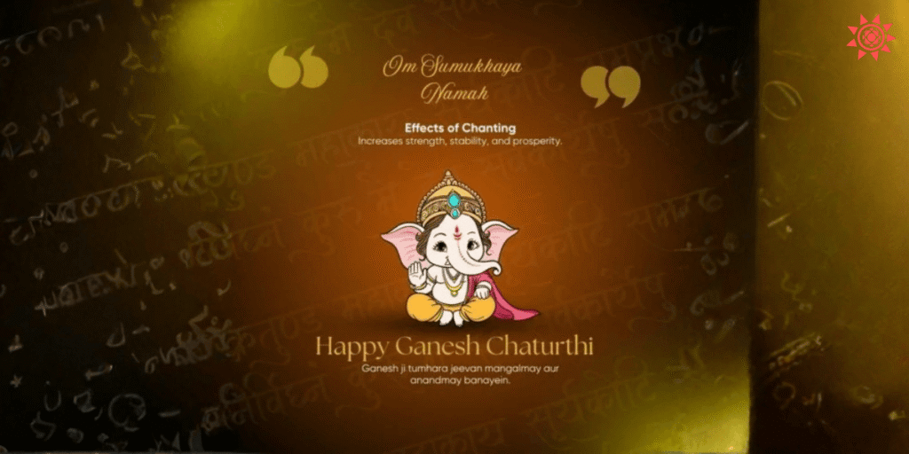 Ganesh Chaturthi 2025 wishes with cute Lord Ganesha illustration and Om Sumukhaya Namah mantra blessings