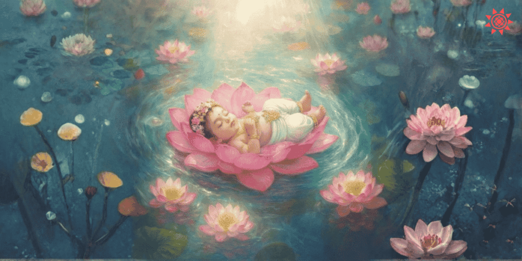Divine baby Krishna resting on a pink lotus in a glowing pond with blooming flowers—Radha Ashtami 2025 artwork.