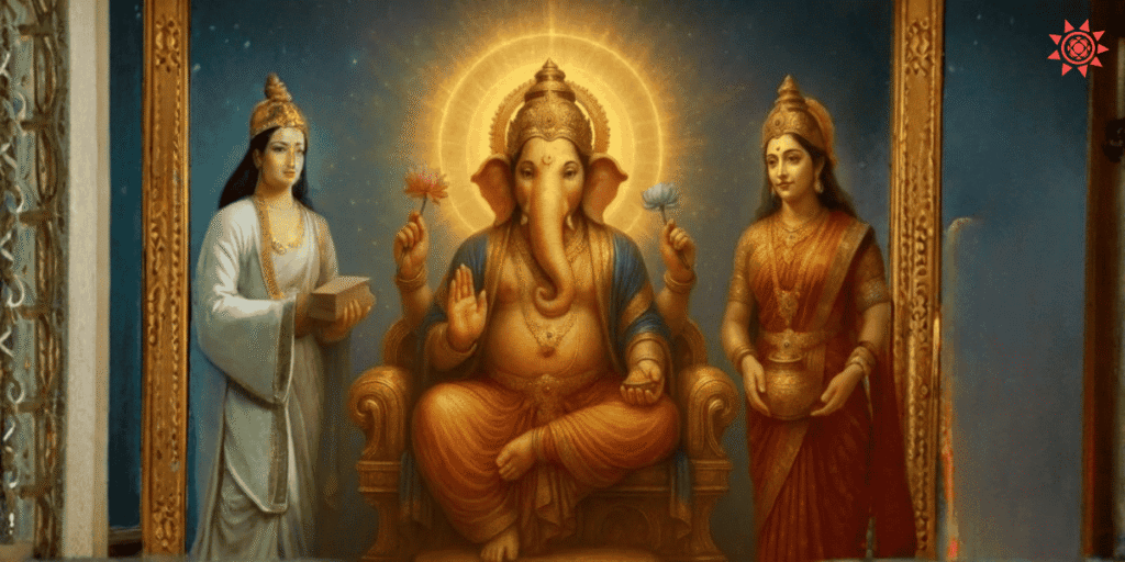 Lord Ganesha with his consorts Riddhi and Siddhi illustrating the divine marriage story of Lord Ganesha in Hindu mythology