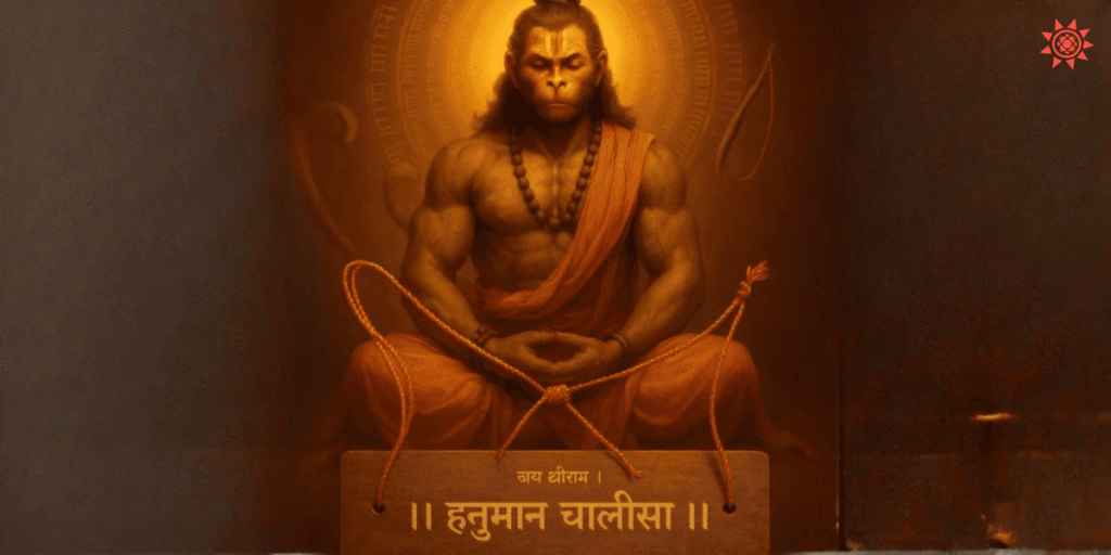 Hanuman meditating with divine glow holding rope mala – powerful Hanuman Chalisa spiritual artwork.