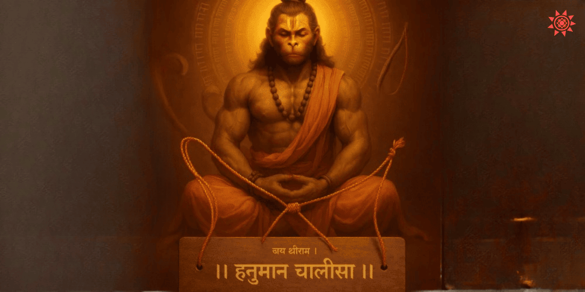 Hanuman meditating with divine glow holding rope mala  powerful Hanuman Chalisa spiritual artwork