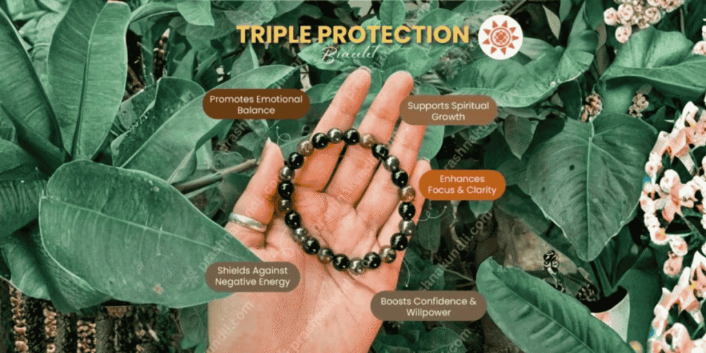 Triple Protection Bracelet with lava beads for spiritual growth, emotional balance and negative energy protection
