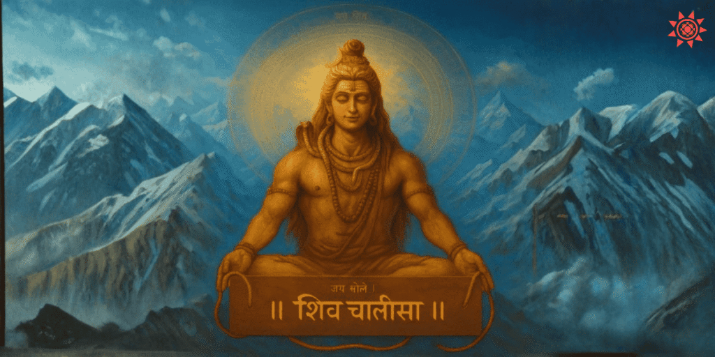 Shiv Chalisa image of Lord Shiva meditating in Himalayas with divine glow and peaceful aura