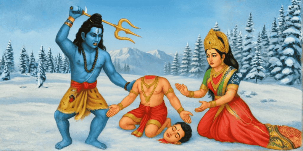 Lord Shiva cutting off young Ganesha’s head with his trident while Goddess Parvati looks on in shock, depicting the mythological origin story of Lord Ganesha.