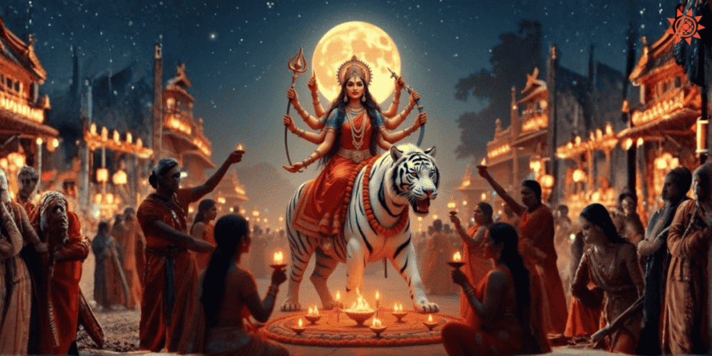 Maa Chandraghanta riding tiger with trident and moon halo during Navratri night aarti celebration