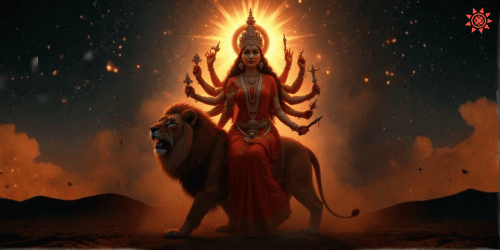 Maa Kushmanda seated on lion with radiant halo and multiple arms during Navratri celebration night