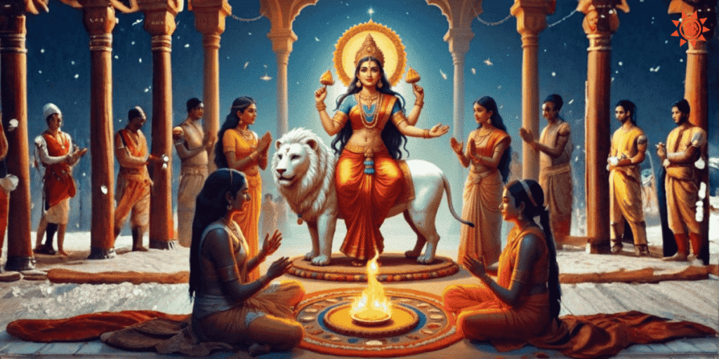 Maa Skandamata seated on lion with divine halo as devotees pray during Navratri festival ceremony