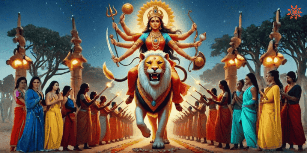 Maa Katyayani riding lion with weapons and radiant halo during Navratri festival procession night
