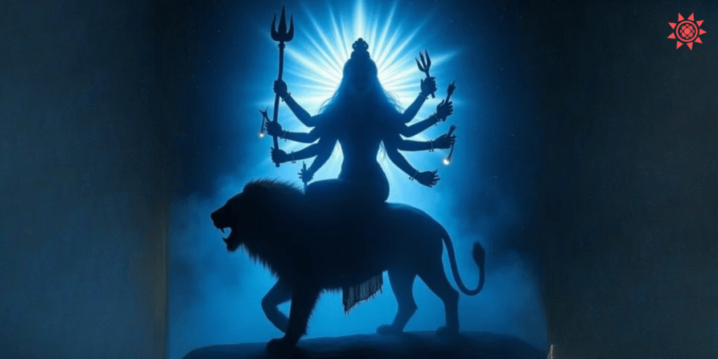 Maa Kaalratri silhouette riding lion with trident during Navratri night divine form illustration
