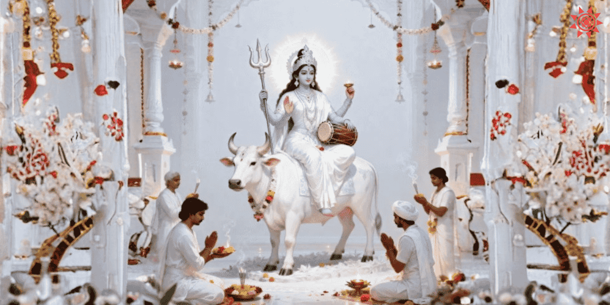 Maa Mahagauri worship on Navratri eighth day with white attire sacred rituals and divine blessings scene
