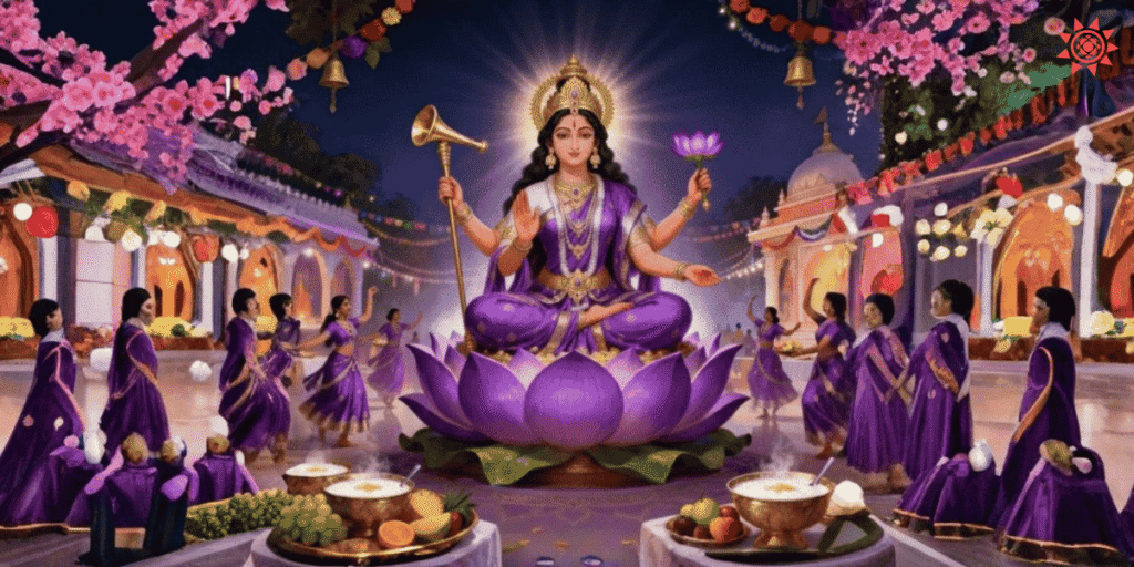 Maa Siddhidatri seated on lotus, blessing devotees during Navratri celebration scene