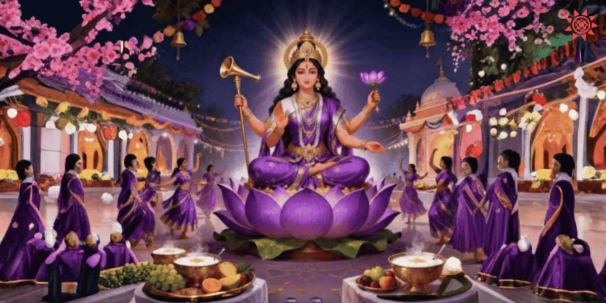 Maa Siddhidatri seated on lotus blessing devotees during Navratri celebration scene