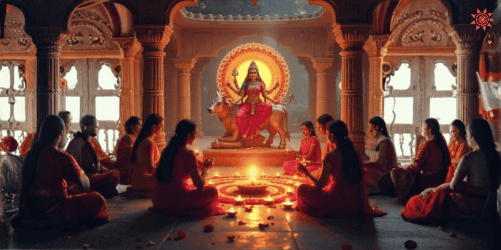 Maa Shailputri idol worship during Navratri with devotees performing puja in temple