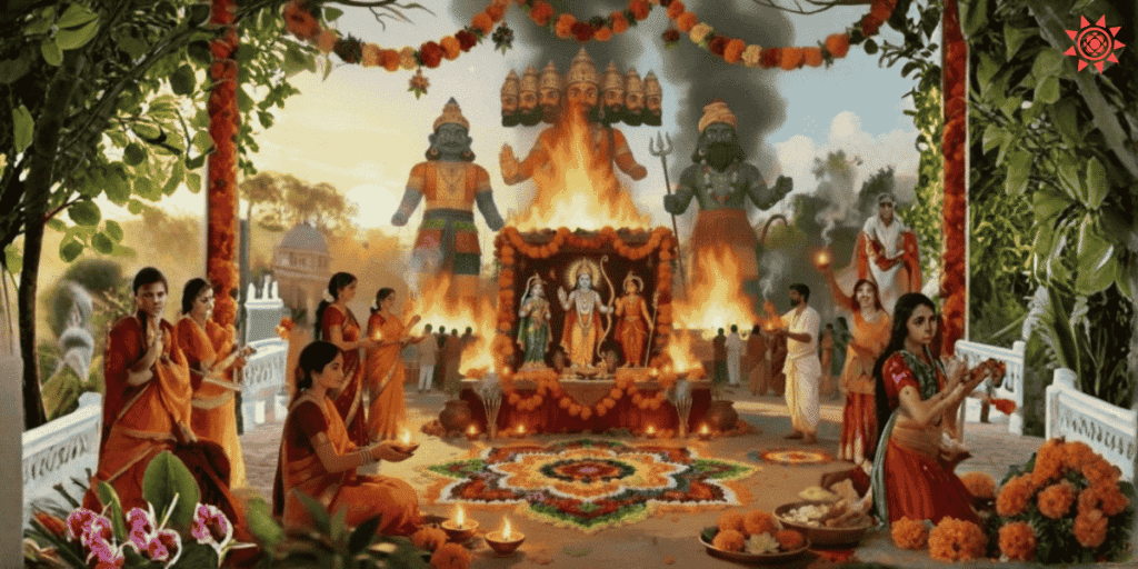 Dussehra 2025 celebration with Ravana effigy burning and devotees performing puja for Lord Rama victory