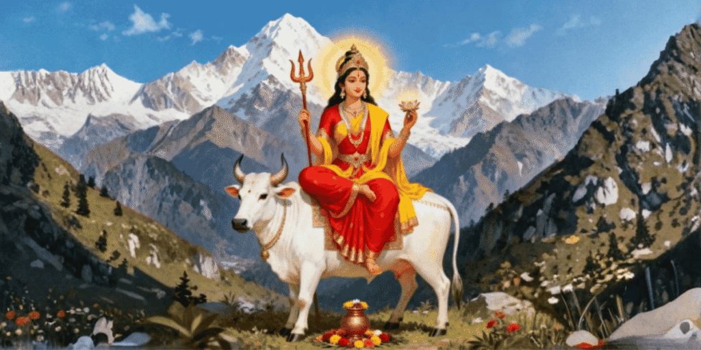 Maa Shailputri sitting on Nandi with trishul, Himalayas background divine Navratri form