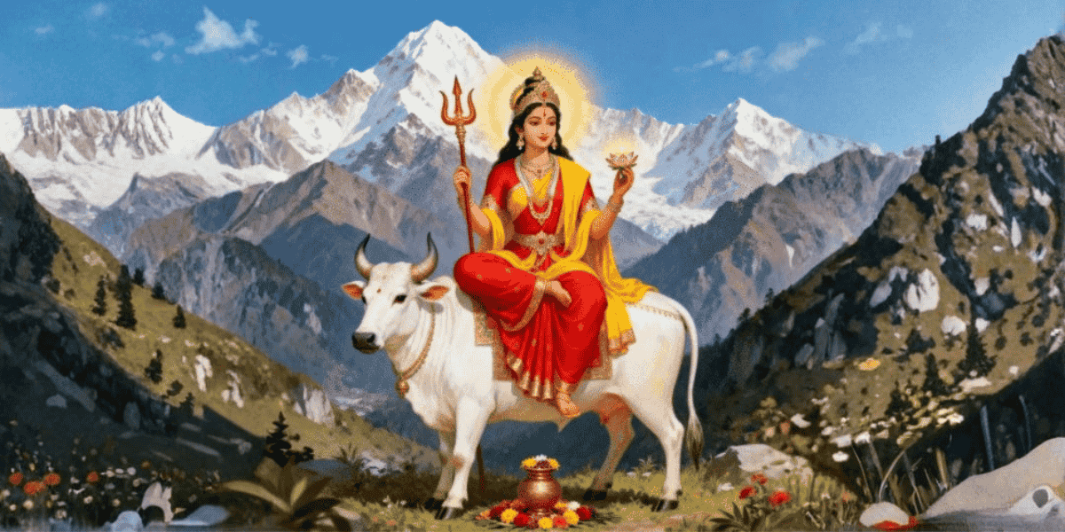Maa Shailputri sitting on Nandi with trishul Himalayas background divine Navratri form
