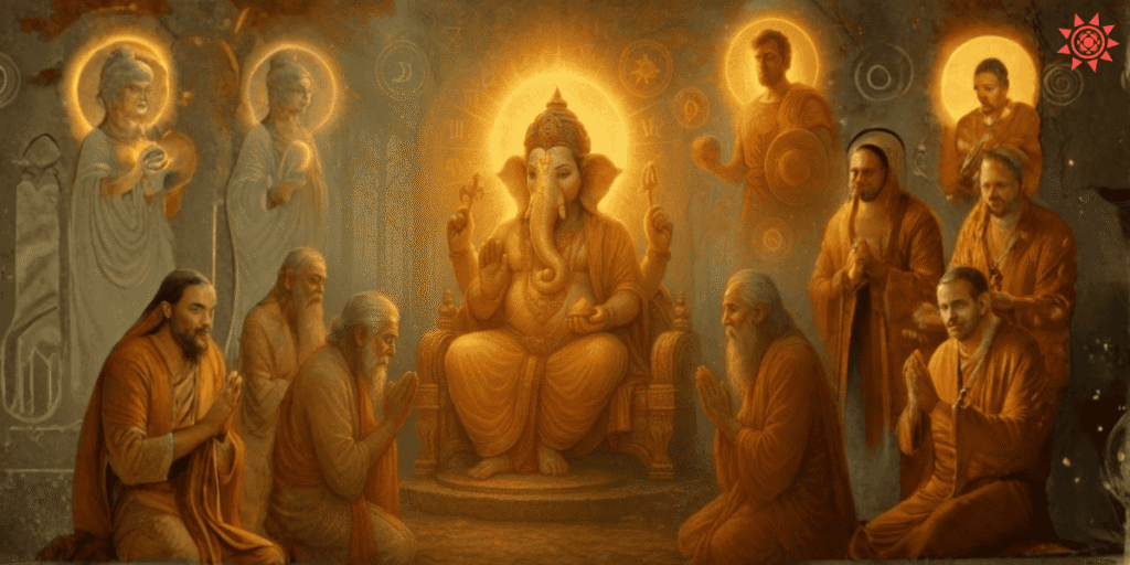 Lord Ganesha surrounded by sages in a divine spiritual gathering symbolizing wisdom, blessings and devotion