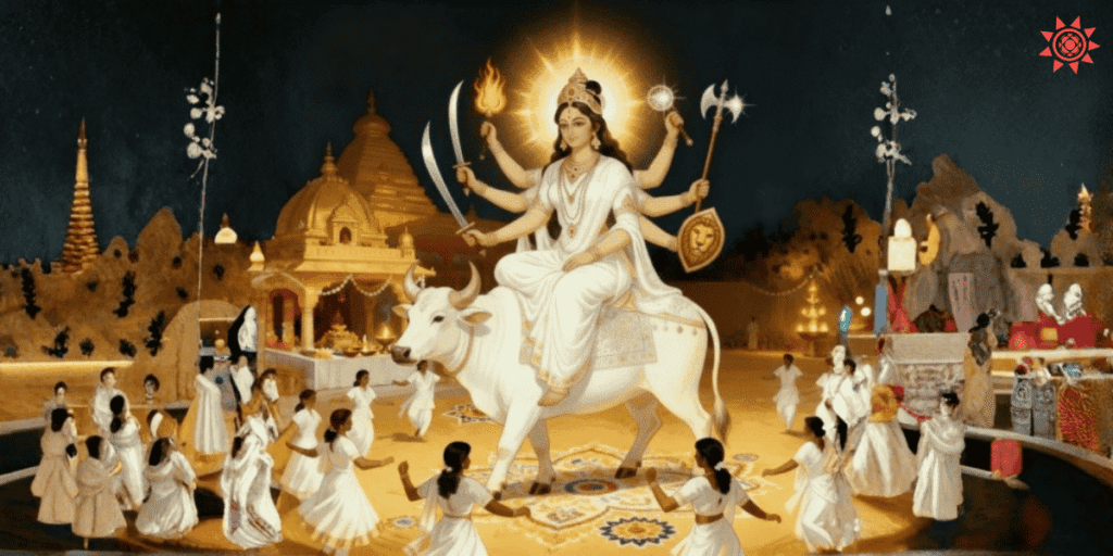 Maa Mahagauri riding white bull with divine glow as devotees celebrate Navratri with prayers and dance