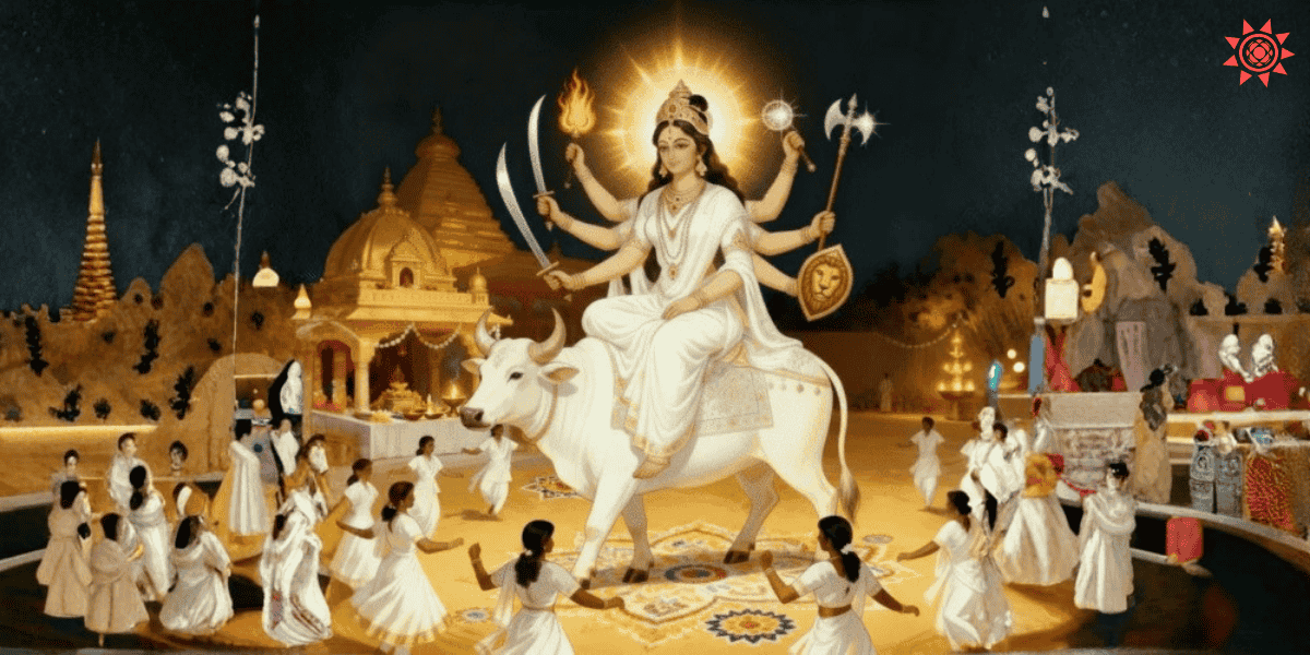 Maa Mahagauri riding white bull with divine glow as devotees celebrate Navratri with prayers and dance