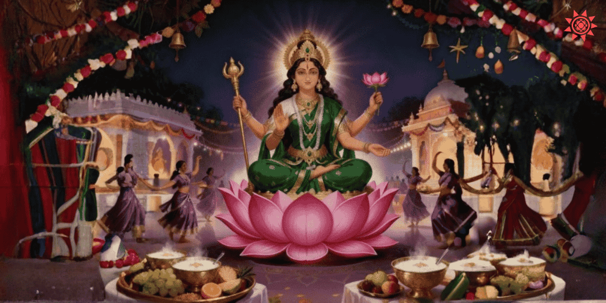 Maa Siddhidatri seated on lotus with divine glow as devotees celebrate Navratri with dance and puja