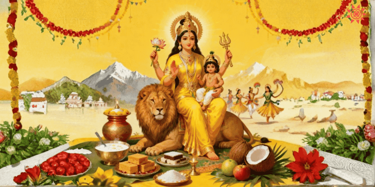Maa Skandamata seated on lion with child Kartikeya lotus in hand divine Navratri scene