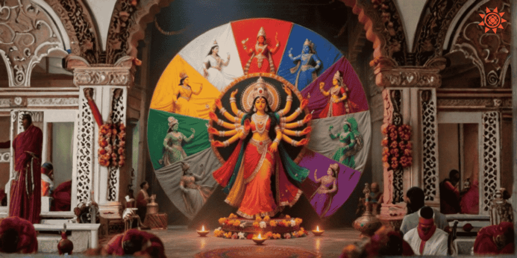 Navratri 2025 celebration with Goddess Durga idol and nine forms in decorated temple setting