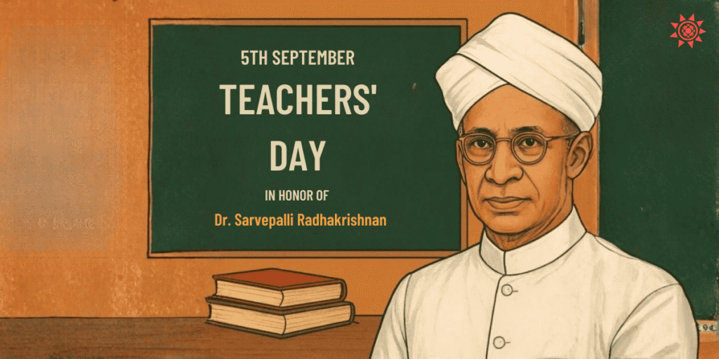 Teacher’s Day celebration honoring Dr. Sarvepalli Radhakrishnan with books and classroom background illustration