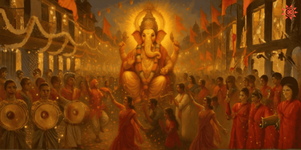 Ganesha Visarjan Story showing Lord Ganesha procession with devotees celebrating the festival with music, dance and devotion
