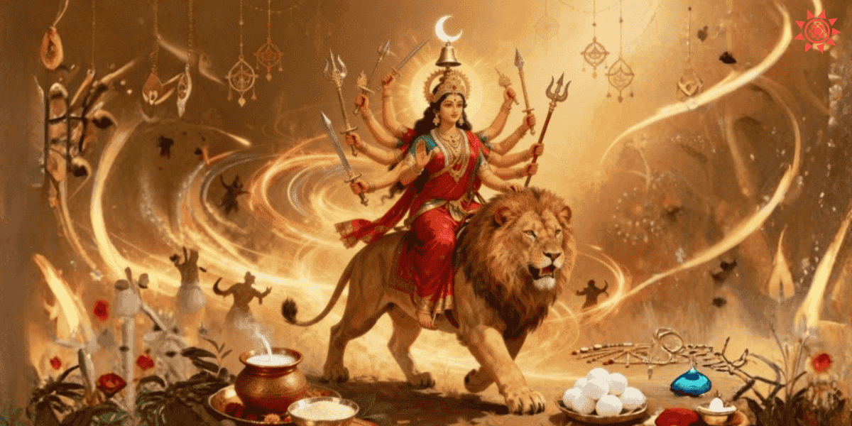 Maa Chandraghanta is a divine form on lion with weapons symbolizing courage protection and Navratri third day worship