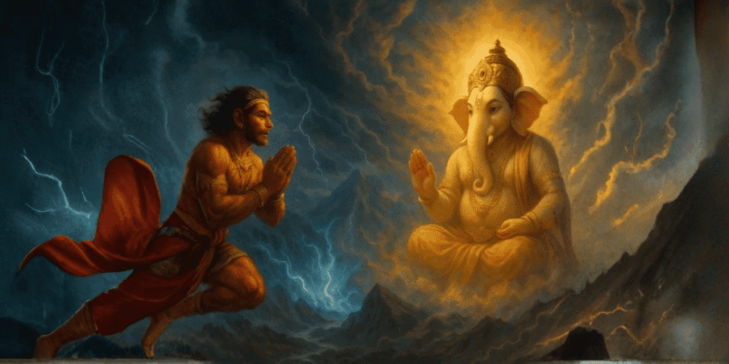 Hanuman met Ganesha divine scene showing Lord Hanuman praying before Lord Ganesha in a spiritual celestial setting