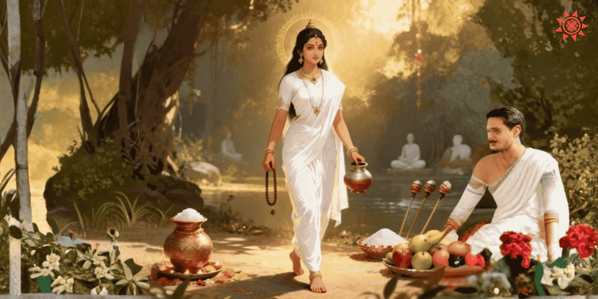 Maa Brahmacharini in white attire holding rosary and kamandal on Navratris second day worship scene