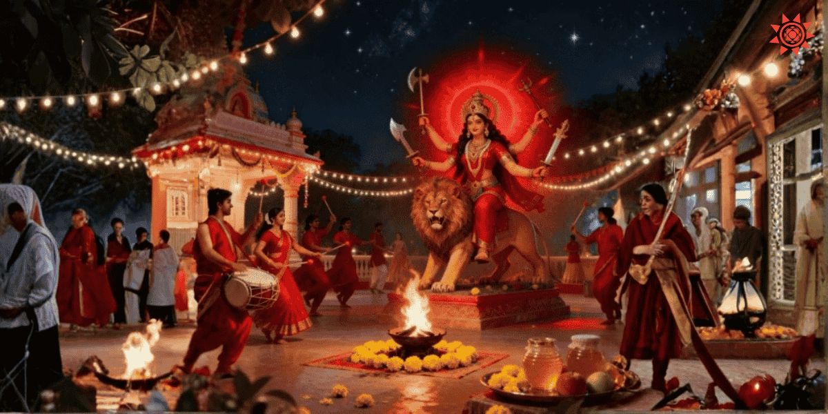 Maa Katyayani riding lion with glowing red aura as devotees celebrate Navratri with drums and aarti