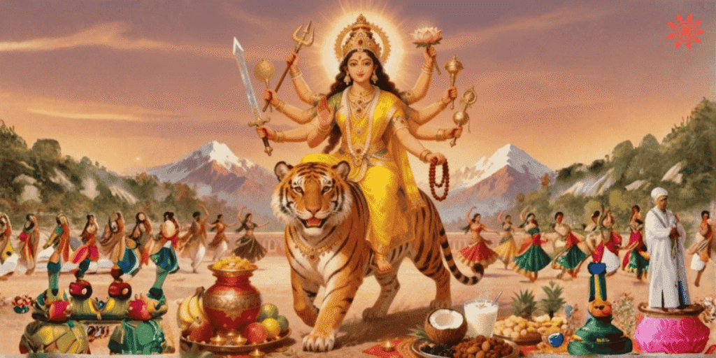 Maa Kushmanda seated on tiger with eight arms, divine glow, Navratri worship scene