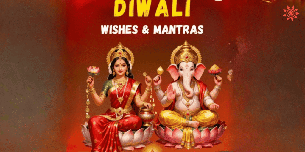 Diwali Wishes with Goddess Lakshmi and Lord Ganesha illustration for festive blessings and mantras