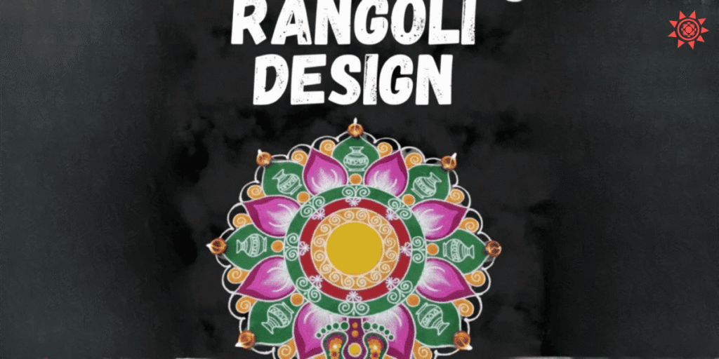 Colorful traditional rangoli designs with floral pattern and diya elements for festive decoration