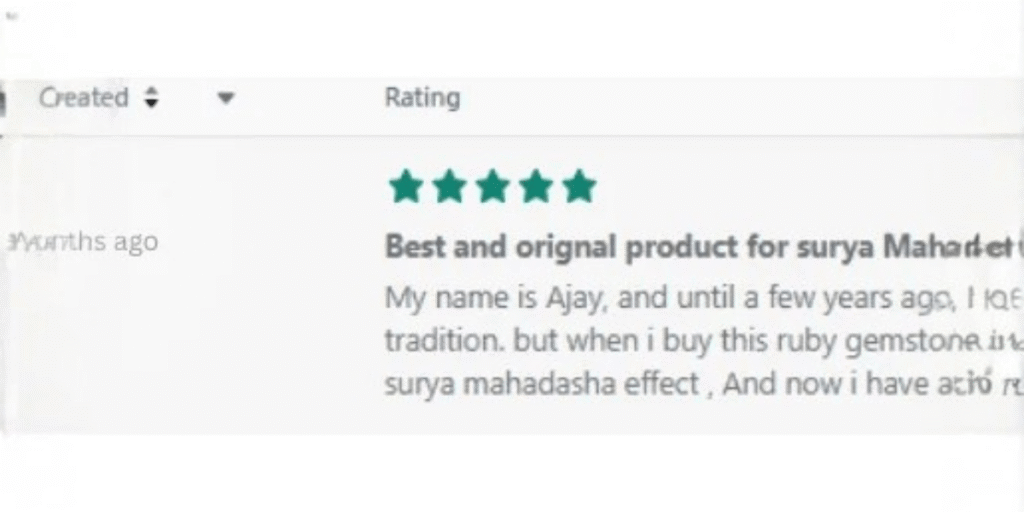 Five-star review praising ruby gemstone for Surya Mahadasha, Ajay shares positive results today now!