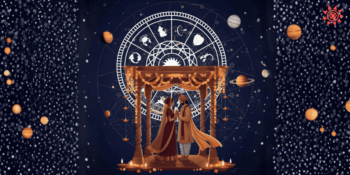 Best marriage times illustration with bride and groom under mandap and astrological chart background