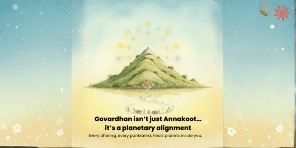 Govardhan Puja 2025 illustration showing Govardhan Hill, Annakoot offering and spiritual planetary alignment symbolism