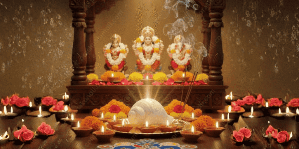 Diwali 2025 Puja setup with idols, diyas, flowers and sacred shankh in decorated home temple