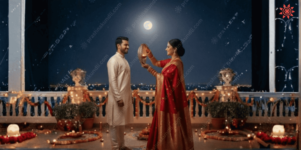 Karva Chauth celebration with wife performing ritual for husband under full moon on decorated balcony