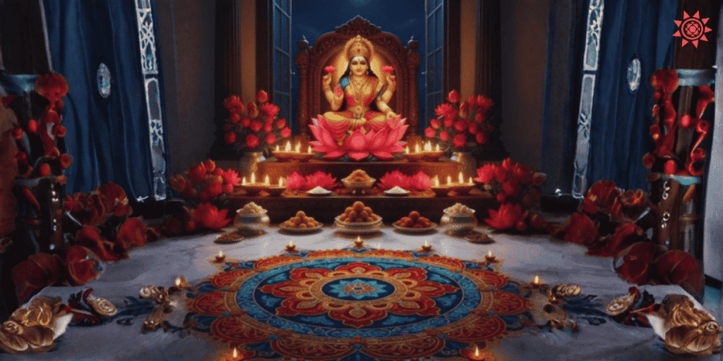 Lakshmi Puja 2025 celebration with Goddess Lakshmi idol, diyas, flowers and rangoli decoration for Diwali festival
