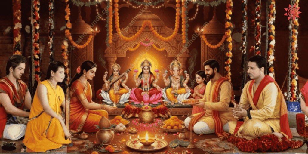 Lakshmi Ganesh Puja Vidhi with family performing ritual and offering prayers in decorated temple setting