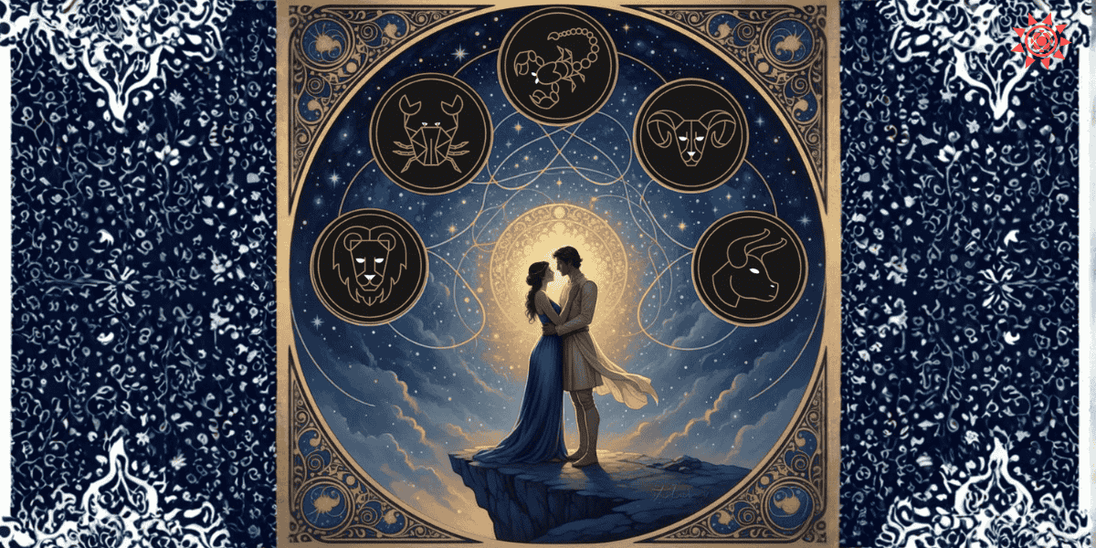Zodiac Signs for Love illustration with romantic couple and astrological symbols in celestial background