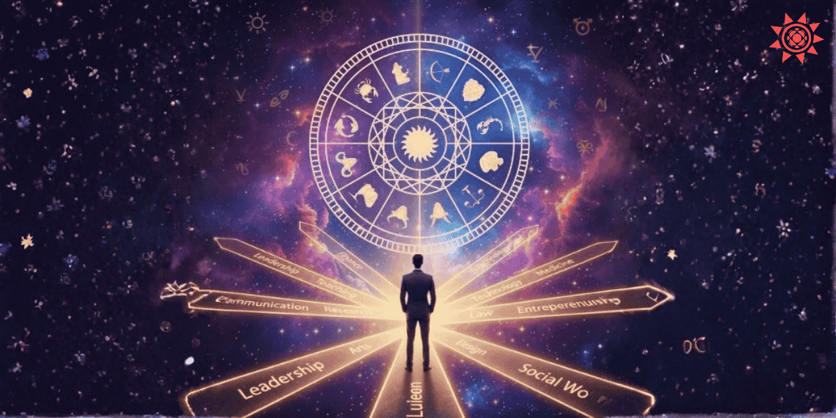 Career Tips Based on Your Sun Sign with zodiac wheel and professional path choices illustration