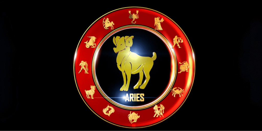 Aries Horoscope 2026 zodiac symbol with golden ram and astrological signs on red circle background