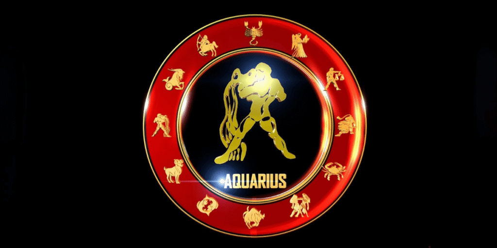 Aquarius Horoscope 2026 zodiac sign symbol with golden water bearer in red circular emblem design