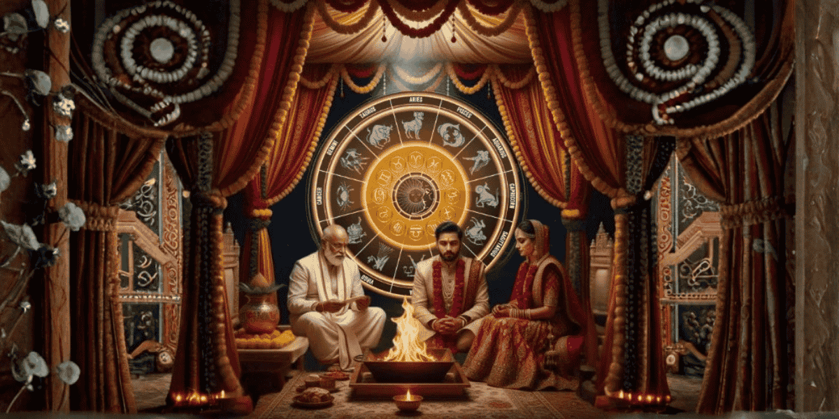 Traditional Indian wedding ritual with bride groom priest and zodiac backdrop by sacred fire scene 1