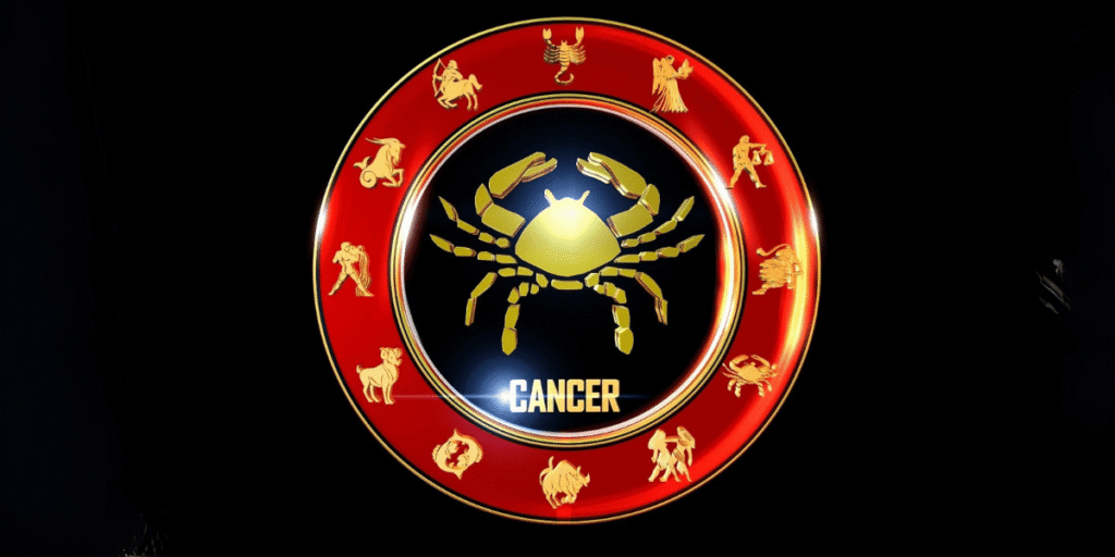 Leo Horoscope 2026 golden zodiac emblem on red circular astrology wheel with black background design